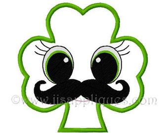 Instant Download - St Patricks Day Design - Shamrock with Mustache digitized embroidery applique designs in 4x4, 5x7 and 6x10 hoops