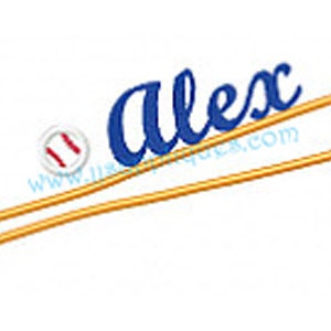 Può includere: Una palla da baseball blu e bianca con cuciture rosse è su una mazza da baseball gialla con il nome "Alex" scritto in corsivo blu.