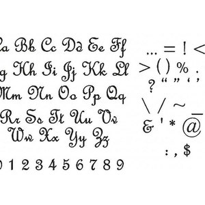 May include: A black and white image of a cursive font alphabet with uppercase and lowercase letters, numbers, and punctuation marks.