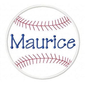 May include: White baseball with red stitching and the name Maurice in blue embroidery.