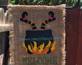 ITH Garden Flag and Witch in Caldron Embroidery Applique Design for 5x7, 6x10 and 8x12 hoops - Instant Download