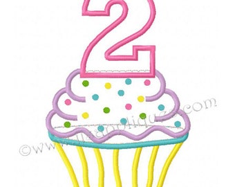 Instant Download - Second Birthday Cupcake Design - Cupcake with Number 2 Embroidery Applique Design Digital File 4x4, 5x7, 6x10 hoop sizes