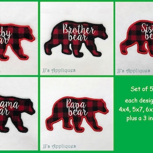 May include: Set of five embroidery designs featuring red and black buffalo plaid bear silhouettes with white text. The designs include "Baby bear", "Brother bear", "Sister bear", "Mama bear", and "Papa bear". Each design is available in 4x4, 5x7, 6x10 hoop sizes, plus a 3 inch design.