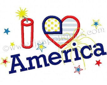 Instant Download - 4th of July - I Love America - Dynamite Stick, Heart Flag digitized embroidery applique design 4x4, 5x7, 6x10 hoops