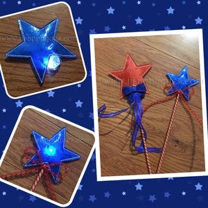 May include: Two star-shaped wands with red and blue glitter fabric. The wands have red and blue ribbon streamers attached. The larger wand has a red star and the smaller wand has a blue star.
