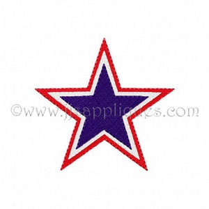 May include: A red and white outlined star with a blue center.