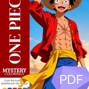 Könnte beinhalten: Ein One Piece Mystery Colorings Malbuch-Cover mit einer lächelnden Figur mit Strohhut, offenem rotem Hemd, gelber Schärpe und blauen Shorts. Das Design enthält eine Farbpalette, den Text ONE PIECE und ein violettes PDF-Symbol als Überlagerung.