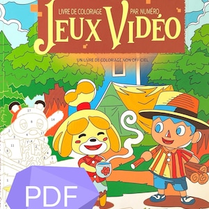 以下が含まれることがあります： Lukas Thelinのイラストによる「JEUX VIDEO」というタイトルのカラフルな塗り絵。表紙には漫画のキャラクターと「PDF」の文字が描かれています。この本は非公式の塗り絵です。