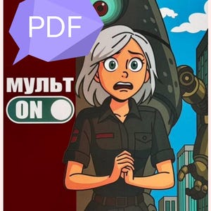 May include: Illustration of a cartoon woman with short gray hair, wearing a dark uniform, looking shocked. The image has text in Russian and a speech bubble with "PDF". A large robot is in the background.