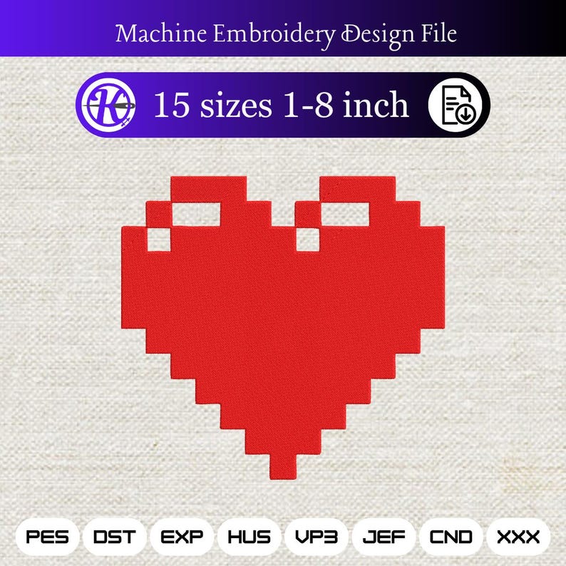 Pixel Love Heart Icon Machine Embroidery Design File, 15 Sizes 1-8 Inch ...