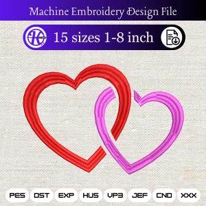 Puede incluir: Archivo de diseño de bordado a máquina con dos corazones entrelazados, uno rojo y otro rosa. El diseño está disponible en 15 tamaños, de 2,5 a 20 cm. La imagen incluye el texto "Machine Embroidery Design File" y abreviaturas de tipo de archivo.