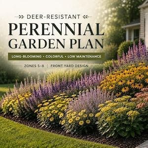 Peut inclure: Un plan de jardin intitulé DEER-RESISTANT PERENNIAL GARDEN PLAN, LONG-BLOOMING, COLORFUL, LOW MAINTENANCE, ZONES 5-8, FRONT YARD DESIGN. L'image montre un massif de fleurs violettes, jaunes et roses près d'une maison et d'une allée.