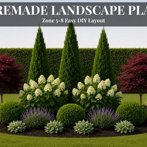 May include: A pre-made landscape plan featuring a variety of plants, including green cone-shaped trees, red Japanese maples, and white hydrangea bushes. The design includes a variety of shrubs and grasses, with the text "PREMADE LANDSCAPE PLAN" at the top.