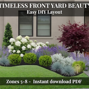 Op de afbeelding: Een professioneel aangelegde voortuin met witte hortensia's, paarse lavendel en een kleine rode boom. De afbeelding bevat de tekst "Timeless Front Yard Beauty" en "Easy DIY Layout". Geschikt voor zones 5-8.