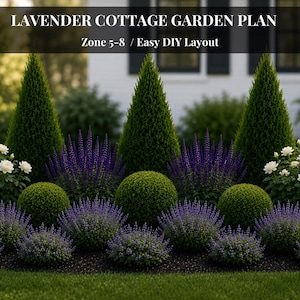 May include: A garden plan titled LAVENDER COTTAGE GARDEN PLAN Zone 5-8 / Easy DIY Layout. The image displays a landscape design featuring three tall conical evergreen shrubs, spherical green boxwood shrubs, purple lavender plants, and white flowers.