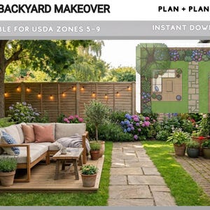 Plano de paisajismo para patio trasero en PDF, diseño de jardín fácil para hacer uno mismo, descarga instantánea.