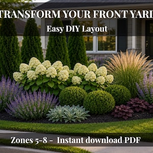 Op de afbeelding: Een professioneel aangelegde voortuin met een verscheidenheid aan planten, waaronder lavendel, witte hortensia's en siergrassen. De afbeelding bevat de tekst "Transform Your Front Yard" en "Easy DIY Layout."