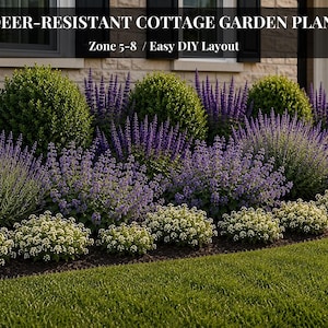 May include: A garden plan titled DEER-RESISTANT COTTAGE GARDEN PLAN Zone 5-8 / Easy DIY Layout. The image displays a landscape with purple flowering perennials, rounded green shrubs, and white ground cover plants arranged in a layered garden bed.