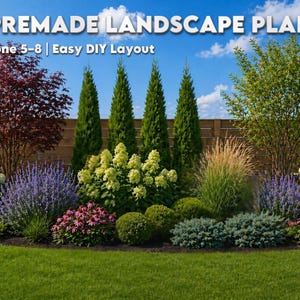 May include: A pre-made landscape plan with a variety of plants, including trees, shrubs, and flowers. The image features a mix of green, purple, pink, and white blooms. Text at the top reads "PREMADE LANDSCAPE PLAN" and "Zone 5-8 | Easy DIY Layout."