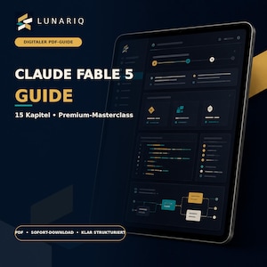Könnte beinhalten: Ein digitaler PDF-Guide mit dem Titel CLAUDE FABLE 5 GUIDE, bestehend aus 15 Kapiteln und einer Premium-Masterclass. Die Grafik zeigt einen Tablet-Bildschirm mit dunkler Benutzeroberfläche, Datenvisualisierungselementen, Diagrammen und Workflows.
