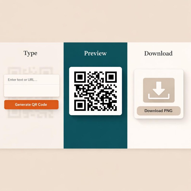 May include: A webpage interface with three sections: "Type", "Preview", and "Download". The "Type" section has a text input field and a button that says "Generate QR Code". The "Preview" section displays a black and white QR code. The "Download" section has a button that says "Download PNG".