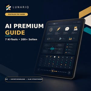 May include: A digital tablet displaying a dark-themed interface with icons for a brain, feather, speech bubble, and image. The screen shows text reading AI PREMIUM GUIDE, 7 KI-Tools, 200+ Seiten, and LUNARIQ. The design includes charts and data grids.