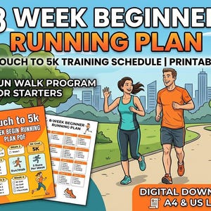 May include: An illustrated guide for a beginner 8-week running plan. The image shows a couple running on a path, with a training schedule and the text "Couch to 5k" and "Run Walk Program for Starters". The digital download is available in A4 & US Letter sizes.