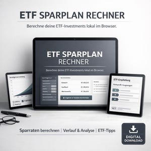 Op de afbeelding: Een digitale afbeelding van een financieel planningstool. De afbeelding toont een tablet en twee kleinere tablets met financiële gegevens en grafieken. De tekst "ETF SPARPLAN RECHNER" wordt weergegeven, samen met andere financiële termen.