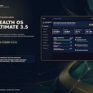 Könnte beinhalten: Eine digitale Benutzeroberfläche für Wealth OS Ultimate 3.5, ein Finanzverwaltungssystem. Das dunkel gestaltete Dashboard zeigt Finanzdaten wie Cashflow, Vermögen und Immobilienkennzahlen mit deutschem Text und modernem Layout.