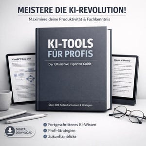 May include: A dark gray book titled "KI-TOOLS FÜR PROFIS" with the subtitle "Der Ultimative Experten-Guide." The book is flanked by two tablets displaying text and diagrams. The image also includes a pen, glasses, and the text "DIGITAL DOWNLOAD."
