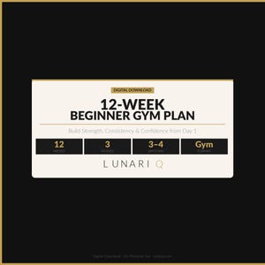 Könnte beinhalten: Ein digitaler Download mit schwarzem und goldenem Design. Der Text lautet "12-Wochen-Gymnastikplan für Anfänger". Der Plan zielt darauf ab, Kraft, Beständigkeit und Selbstvertrauen aufzubauen. Enthält Wochen-, Phasen- und Tagesangaben.