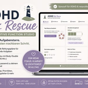 Könnte beinhalten: Eine digitale Produktoberfläche mit dem Titel ADHD Task Rescue auf einem Laptop-Bildschirm. Das Layout zeigt ein Dashboard mit Aufgabenverwaltung, Energielevel-Anzeige, Fokus-Timer und einem Leuchtturm-Symbol. Das Design verwendet ein violett-weißes Farbschema mit deutschem Text auf der gesamten Benutzeroberfläche.