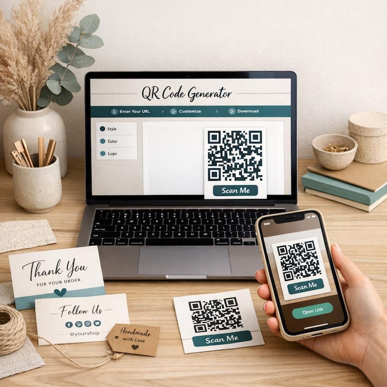 May include: A laptop displays a QR code generated on a website, with a smartphone scanning the code. Business cards with "Thank You" and "Follow Us" text are on the wooden surface, along with a tag that says "Handmade with Love".
