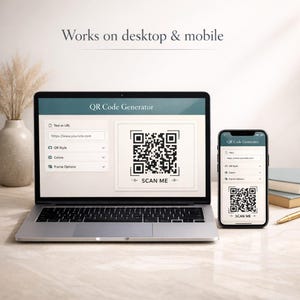 May include: A laptop and smartphone displaying a QR code generator interface. The laptop shows a QR code with the text "SCAN ME." The smartphone mirrors the interface. Text at the top reads "Works on desktop & mobile."