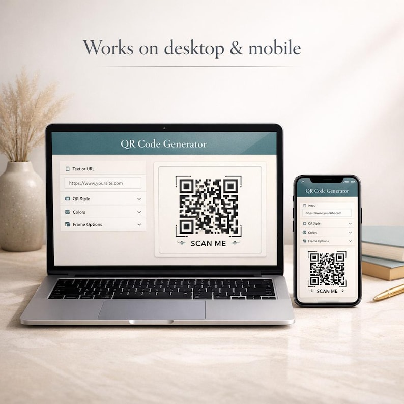 May include: A laptop and smartphone displaying a QR code generator interface. The laptop shows a QR code with the text "SCAN ME." The smartphone mirrors the interface. Text at the top reads "Works on desktop & mobile."