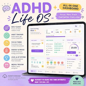 Könnte beinhalten: Ein digitales ADHD Life OS Dashboard auf einem Tablet-Bildschirm mit Bereichen für tägliche Aufgaben, Gewohnheitsverfolgung, einen Fokus-Timer, Energie- und Stimmungsüberwachung sowie ein XP-System in einem hellvioletten und weißen Design.