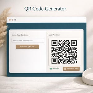 May include: A digital interface for a QR code generator. The interface features fields to enter content and a live preview area displaying the generated QR code. Buttons include "Generate QR Code", "Preview", and "Download PNG". The title "QR Code Generator" is displayed at the top.