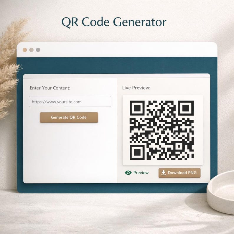 May include: A digital interface for a QR code generator. The interface features fields to enter content and a live preview area displaying the generated QR code. Buttons include "Generate QR Code", "Preview", and "Download PNG". The title "QR Code Generator" is displayed at the top.