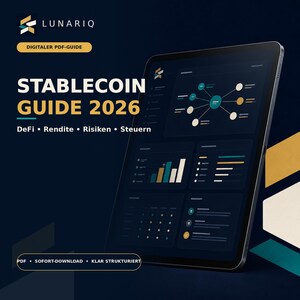 May include: A digital PDF guide titled STABLECOIN GUIDE 2026 by LUNARIQ, featuring text about DeFi, Rendite, Risiken, and Steuern. The graphic displays a tablet screen with data visualizations, including a network diagram and bar charts.