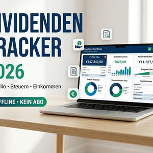 Puede incluir: Un ordenador portátil que muestra un panel de control Dividend Portfolio 2026 con gráficos financieros, cálculos de impuestos y datos de valor de cartera. La pantalla muestra textos como Dividend Portfolio, Portfolio Value y Net Dividend.