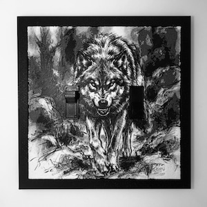 May include: A square black light switch cover plate featuring a detailed black and white illustration of a wolf walking forward. The design includes two black vertical toggle switches integrated into the artwork, set against a textured background.