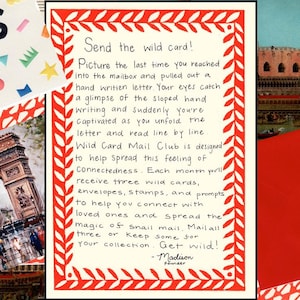 May include: A collection of stationery items, including a card with the word "THANKS", a card with a photo of the Arc de Triomphe, and a red envelope. The text "Send the wild card!" is also visible.