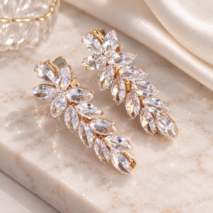 May include: Two gold-tone hair clips featuring a leaf-like arrangement of clear, marquise-cut crystals. Each clip is constructed with multiple faceted stones set in a metallic frame, creating a botanical shape that reflects light across the surface.