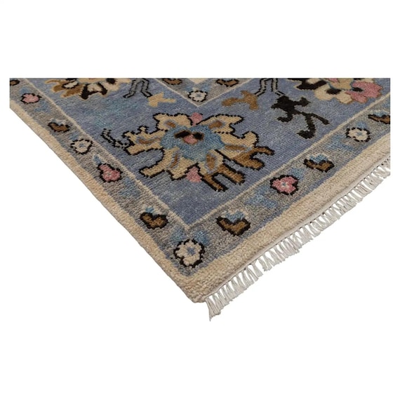 Ivory Area Rug Hand Knotted Oushak Rugs Vintage Rug Turkish Rugs 9x12 Slate Blue Custom Rugs Oriental Floral Carpet | Made in India
