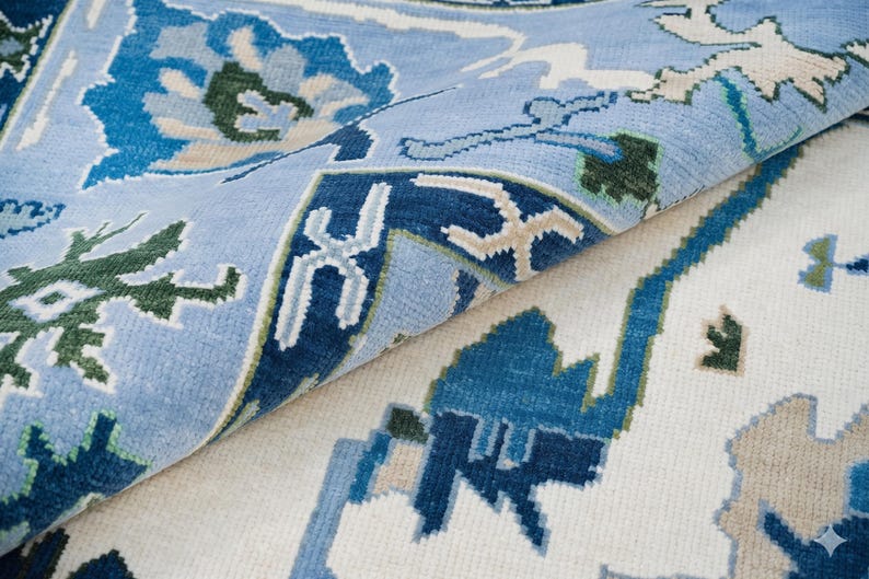 Side angle showing the low-profile, sleek finish of the blue rug 8x10 wool pile.
