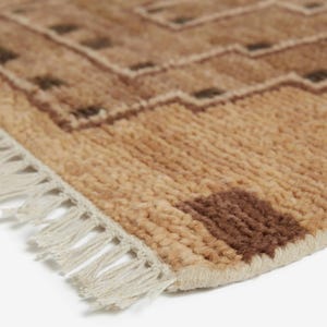 May include: A rectangular area rug featuring a textured, high-pile surface in shades of tan and beige. The rug displays a geometric pattern in dark brown and includes a fringe border made of off-white yarn along the short edge of the textile.