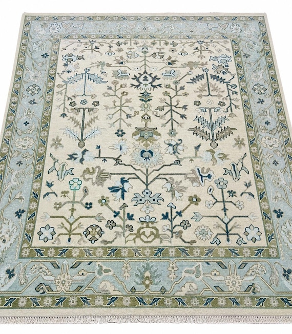 Hand Knotted Rug Ivory Rug Turkish Rug Living Room Rug Powder Blue Oushak Rugs 8x10 Rug 6x9 Handmade Rug Zero Pile Wool Rugs Floor Rugs