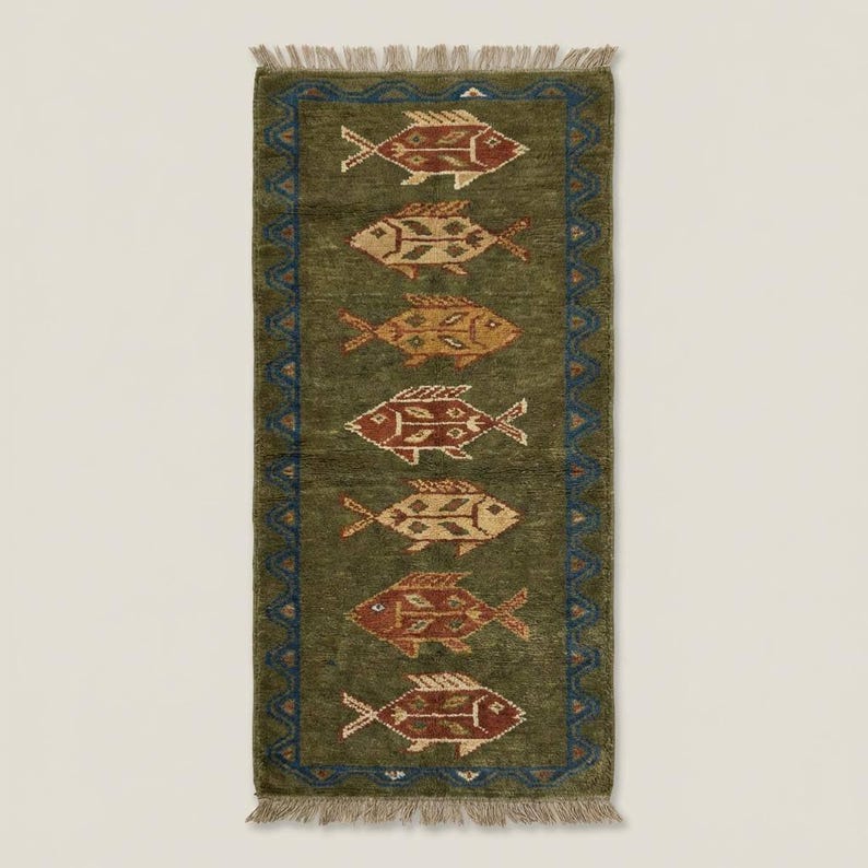 Macro perspective of the dense Oushak runner rug texture, showing the royal blue zigzag border of this luxury wool area rug.