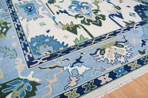 Blue Rug 8x10 Oushak Rug Ivory Rugs for Living Room Hand Knotted Wool Carpet Bedroom Rug 9x12 Area Rug Navy Green White Rug Turkish Ru