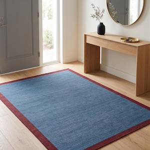 Blue Flatweave Dhurrie Handwoven Rug Red Border Minimalist Scandi Area Rug Thin Floor Mat Modern Home Decor Reversible Wool Carpet Rugs